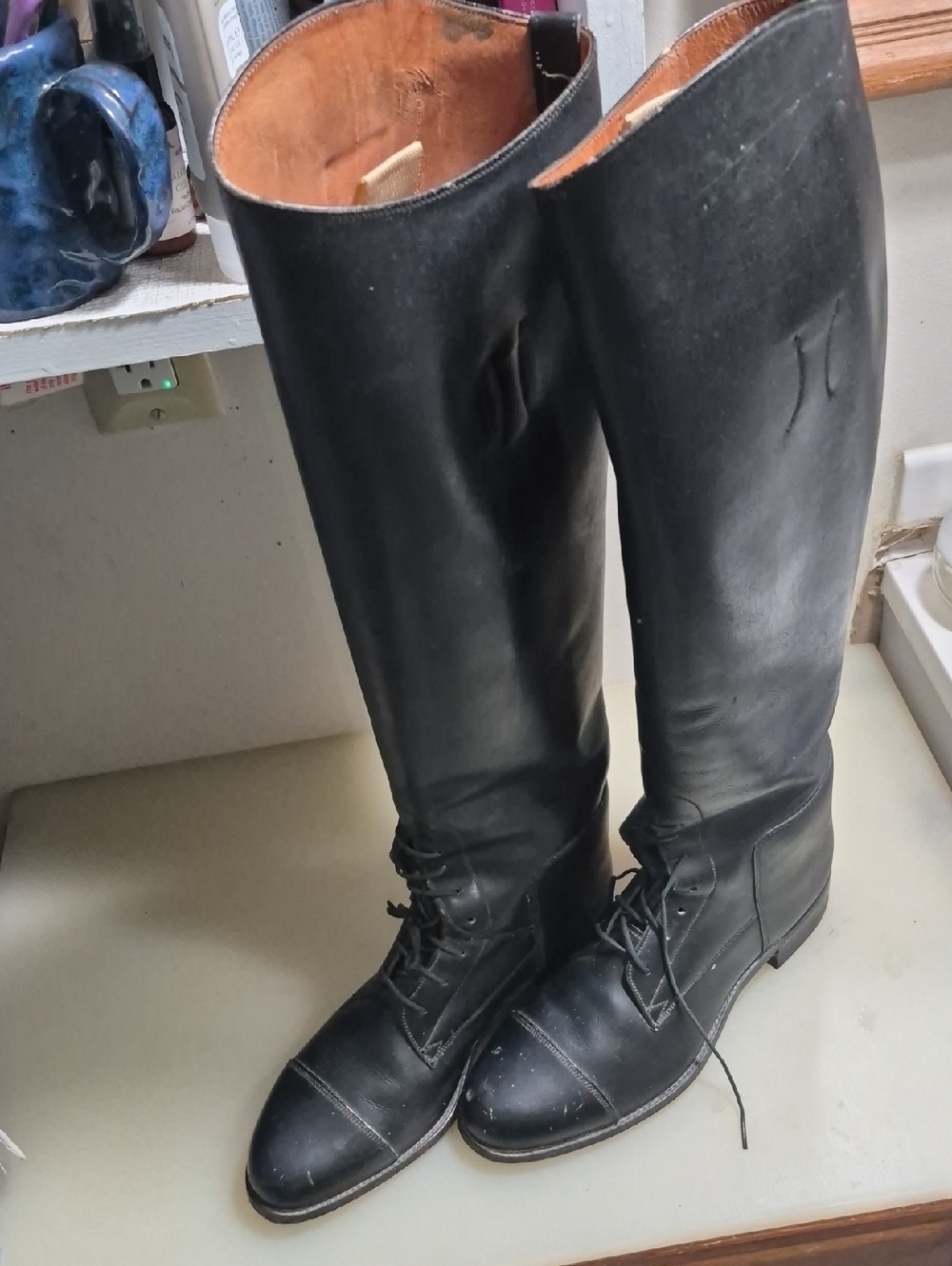 Tall Black Leather Lace-Up Riding Boots